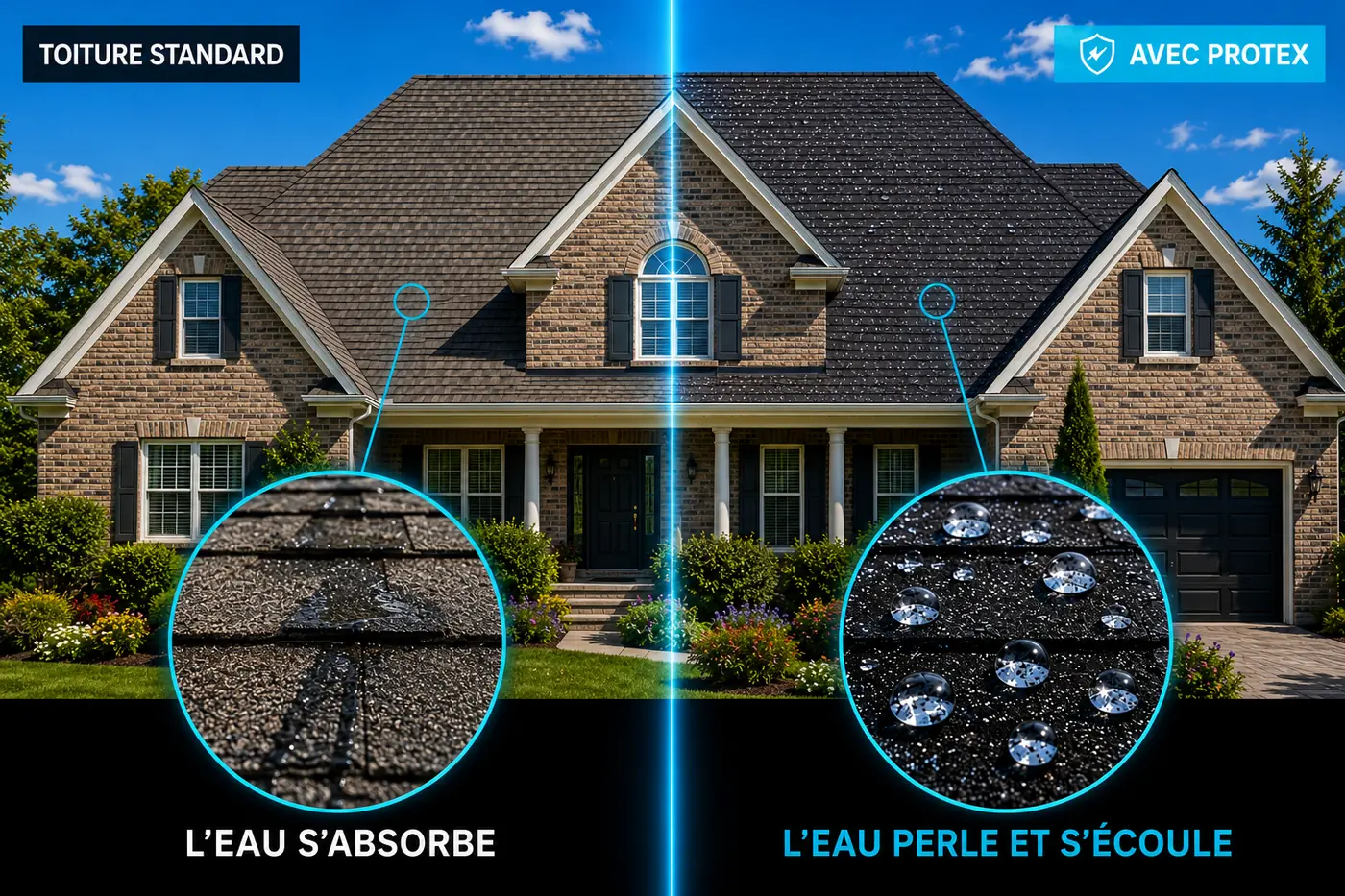 Comparaison visuelle d'une toiture avant et après application de la nanotechnologie Protex